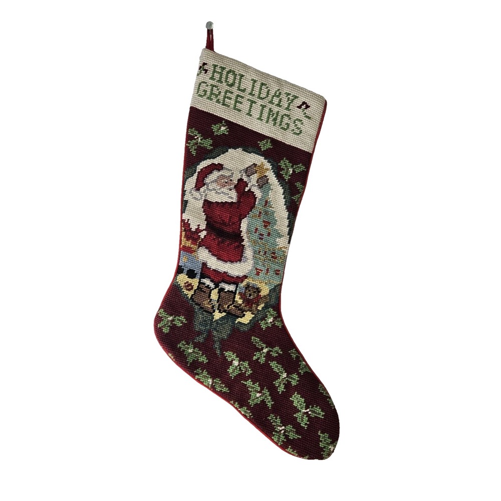Christmas Stocking Needlepoint Santa Tree Holiday Greetings Star Holly Vintage